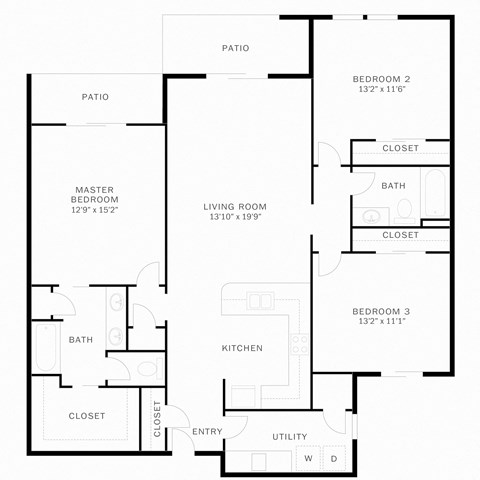 Floor plan for 3 beds, 2 baths, 1491 sqft